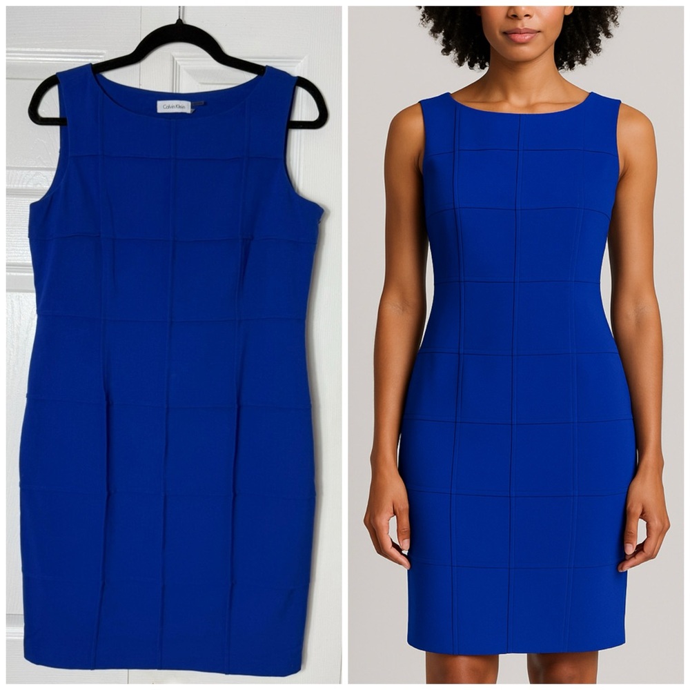 Calvin Klein Royal Blue Textured Sheath Pencil Midi Career Dress Size 6